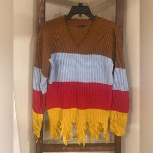 Audrey Lane Multicolor Distressed V-Neck Sweater